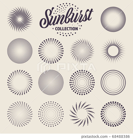 Vintage sunburst collection. Bursting sun rays and dots. Fireworks. Logotype or lettering design 68488386