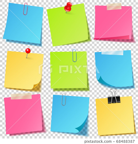 Realistic colorful blank sticky notes with clip binder. Colored sheets of note papers. Paper 68488387