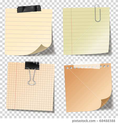 Realistic blank sticky notes with clip binder and adhesive tape. Colored sheets of note papers 68488388