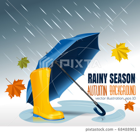 Blue Umbrella and rubber boots. Rainy season 68488901