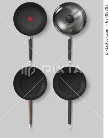 Realistic Classic fry pan with glass lid and handle. Vector 68489783