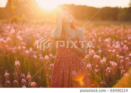 Girl on blooming Sally flower field at sunset. Lilac flowers and woman. Girl on blooming Sally flower field at sunset. Lilac flowers and woman. 68490224