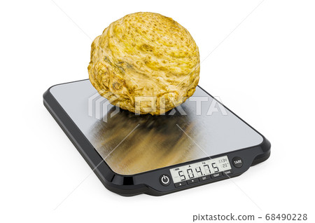Kitchen Scales with Celery root. 3D rendering Kitchen Scales with Celery root. 3D rendering 68490228