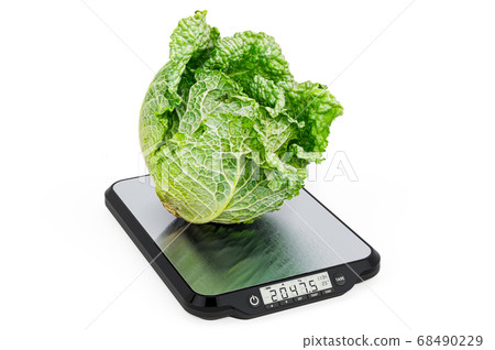 Kitchen Scales with Savoy cabbage. 3D rendering Kitchen Scales with Savoy cabbage. 3D rendering 68490229