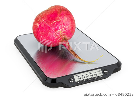 Kitchen Scales with Red big radish. 3D rendering 68490232