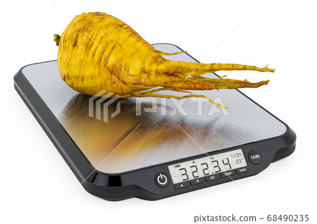 Kitchen Scales with Parsnip. 3D rendering Kitchen Scales with Parsnip. 3D rendering 68490235