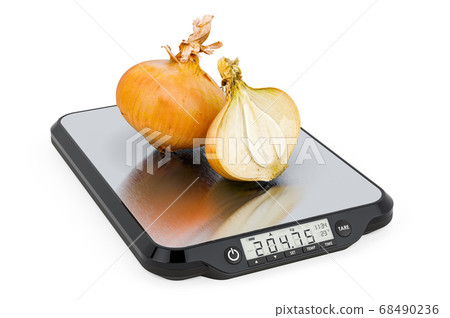 Kitchen Scales with Onions. 3D rendering Kitchen Scales with Onions. 3D rendering 68490236