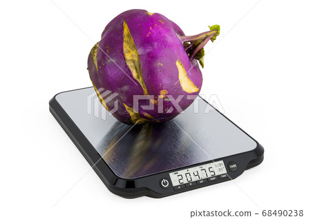 Kitchen Scales with Kohlrabi. 3D rendering Kitchen Scales with Kohlrabi. 3D rendering 68490238