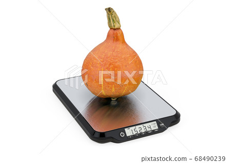 Kitchen Scales with Hokkaido pumpkin. 3D rendering Kitchen Scales with Hokkaido pumpkin. 3D rendering 68490239