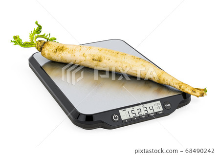Kitchen Scales with Daikon radish. 3D rendering Kitchen Scales with Daikon radish. 3D rendering 68490242
