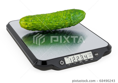 Kitchen Scales with Cucumbers. 3D rendering 68490243