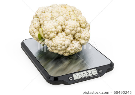 Kitchen Scales with Cauliflower. 3D rendering Kitchen Scales with Cauliflower. 3D rendering 68490245