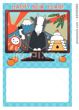 New Year's card material Beef over monitor Blue background with greetings New Year's card material Beef over monitor Blue background with greetings 68490966