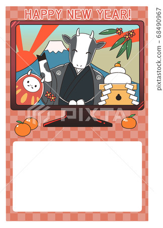 New Year's card material Beef through monitor with red background Greeting New Year's card material Beef through monitor with red background Greeting 68490967