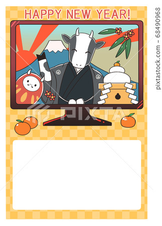 New Year's card material Beef through the monitor Yellow background with greeting 68490968