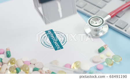 ANTIPSYCHOTIC PRESCRIPTION blue stamp on the paper, medicine related shot 68491190