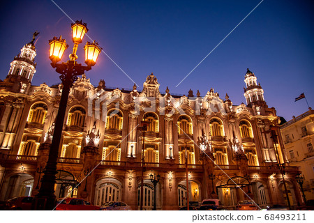Cuban cityscape of Havana at dusk Classic Gran Teatro de la Havana in Central Park 68493211