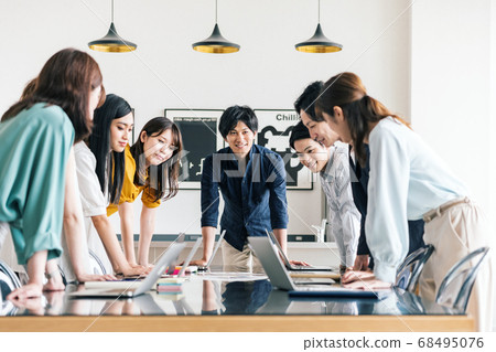 Male and female staff having a meeting in a fashionable office Male and female staff having a meeting in a fashionable office 68495076