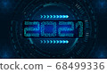 New Year 2021. Banner inscription, circuit board on the background of HUD technology. illustration 68499336