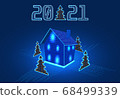 Happy New Year 2021. Festive inscription, house and Christmas tree from numbers. Computer interface. GUI illustration 68499339