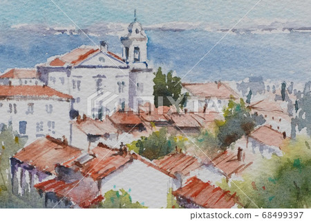 歐洲古城普羅旺斯水彩畫山水畫 68499397