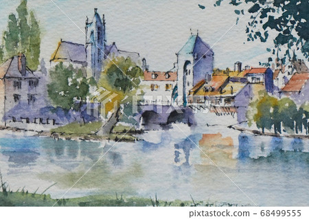歐洲小鎮巴黎水彩山水畫 68499555