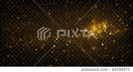 Sparkling golden particles, glowing bokeh lights isolated on dark transparent background	 68500875