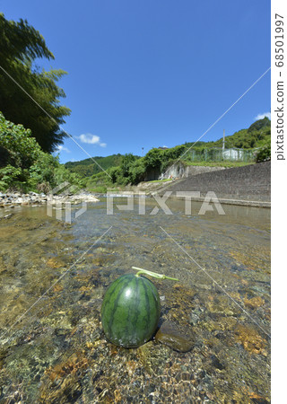 Splitting watermelons in a cool kawara camp Splitting watermelons in a cool kawara camp 68501997
