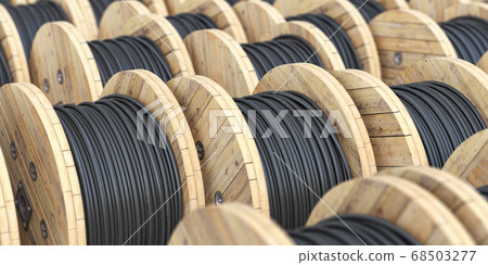 Warehouse with wooden coil  wire electric cable. 68503277