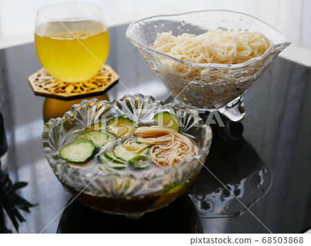At home, somen with cucumber, okra and chopsticks 68503868