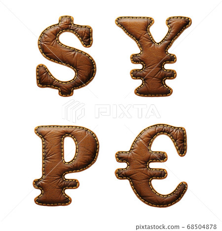 Set of symbols dollar, yen, rouble and euro made of leather. 3D render font with skin texture isolated on white background. Set of symbols dollar, yen, rouble and euro made of leather. 3D render font with skin texture isolated on white background. 68504878