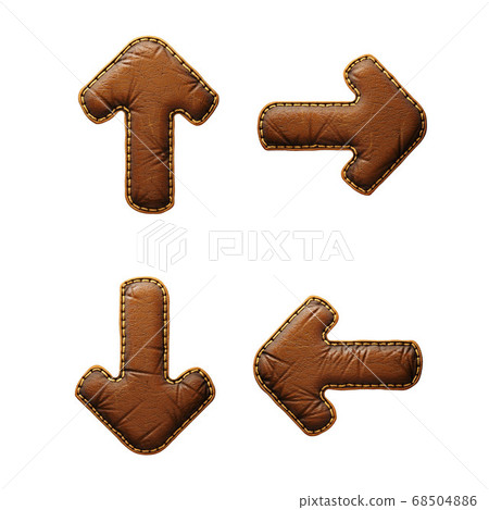 Set of symbols up arrow, right arrow, arrow to down and left arrow made of leather. 3D render font with skin texture isolated on white background. Set of symbols up arrow, right arrow, arrow to down and left arrow made of leather. 3D render font with skin texture isolated on white background. 68504886