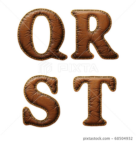 Set of leather letters Q, R, S, T uppercase. 3D render font with skin texture isolated on white background. Set of leather letters Q, R, S, T uppercase. 3D render font with skin texture isolated on white background. 68504932