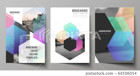 Vector layout of A4 format cover mockups design templates with colorful hexagons, geometric shapes, tech background for brochure, flyer layout, booklet, cover design, book design, brochure cover. 68506054