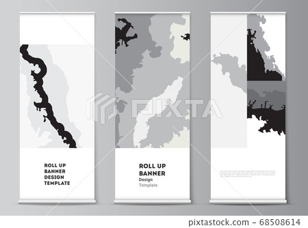 Vector layout of roll up mockup design template for vertical flyers, flags design templates, banner stands, advertising design mockups. Landscape background decoration, halftone pattern grunge texture 68508614