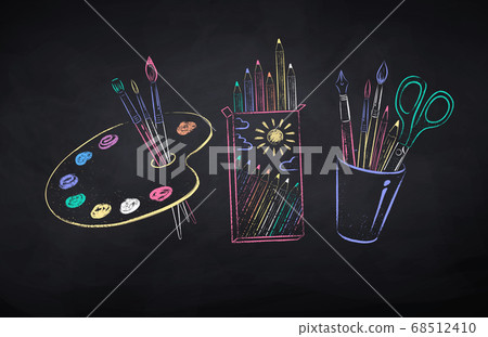 Chalk drawn illustration set of artists supplies Chalk drawn illustration set of artists supplies 68512410