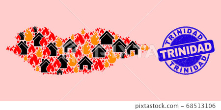 Socotra Island Map Collage of Fire and Buildings and Grunge Trinidad Stamp 68513106