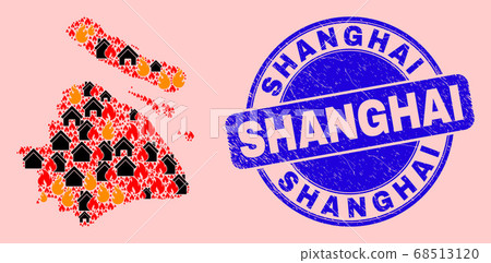 Shanghai City Map Collage of Flame and Properties and Grunge Shanghai Seal 68513120