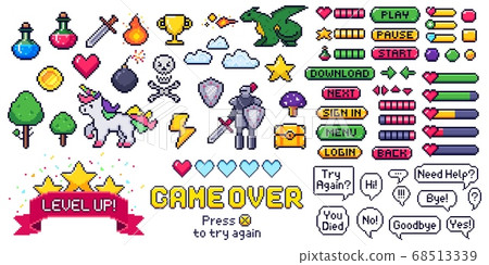 Pixel game elements set. Digital life bars and menu button as menu, stop and play. Speech bubbles with message Pixel game elements set. Digital life bars and menu button as menu, stop and play. Speech bubbles with message 68513339