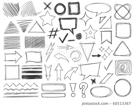 Doodle shapes. Drawings pencil monochrome textures strokes, arrows and frames, borders and hatched badges round and square shape vector set 68513367