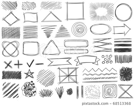 Sketch shapes. Monochrome scribble symbols, drawing pencil frame, stroke and shade, hatched shaded badge round and square shape vector set Sketch shapes. Monochrome scribble symbols, drawing pencil frame, stroke and shade, hatched shaded badge round and square shape vector set 68513368