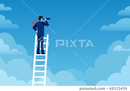 Business vision. Businessman stands on career ladder with telescope. Promotion, success new opportunities, visionary strategy vector concept Business vision. Businessman stands on career ladder with telescope. Promotion, success new opportunities, visionary strategy vector concept 68513459