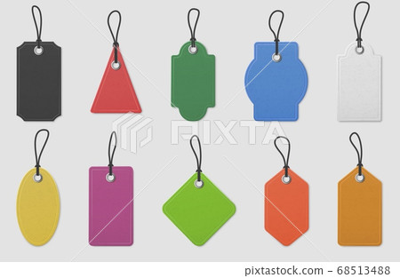 Color paper price tag labels. Realistic colored shopping hanging tags with ropes for pricing marking, message tag mockup, vector set 68513488