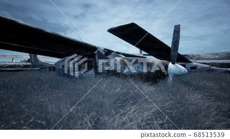 Abandoned and destroyed planes are in the field. A lot of rusty, forgotten and broken planes. 3D Rendering. Abandoned and destroyed planes are in the field. A lot of rusty, forgotten and broken planes. 3D Rendering. 68513539