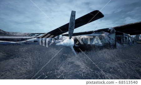 Abandoned and destroyed planes are in the field. A lot of rusty, forgotten and broken planes. 3D Rendering. Abandoned and destroyed planes are in the field. A lot of rusty, forgotten and broken planes. 3D Rendering. 68513540