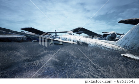 Abandoned and destroyed planes are in the field. A lot of rusty, forgotten and broken planes. 3D Rendering. 68513542