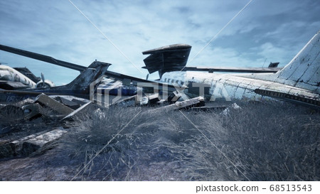 Abandoned and destroyed planes are in the field. A lot of rusty, forgotten and broken planes. 3D Rendering. 68513543