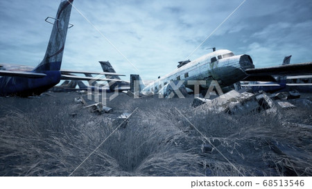 Abandoned and destroyed planes are in the field. A lot of rusty, forgotten and broken planes. 3D Rendering. 68513546