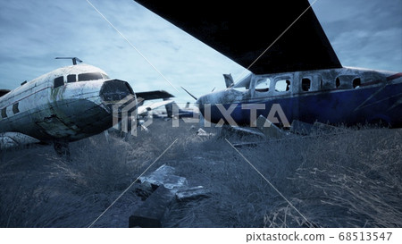 Abandoned and destroyed planes are in the field. A lot of rusty, forgotten and broken planes. 3D Rendering. Abandoned and destroyed planes are in the field. A lot of rusty, forgotten and broken planes. 3D Rendering. 68513547