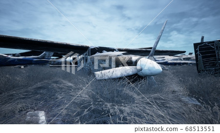 Abandoned and destroyed planes are in the field. A lot of rusty, forgotten and broken planes. 3D Rendering. 68513551